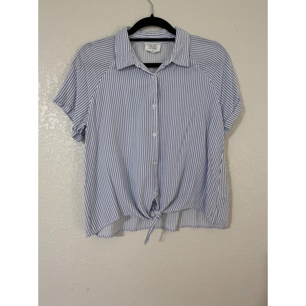 Olive and Oak Blue White Striped Tie Front Short Sleeve Shirt Size M